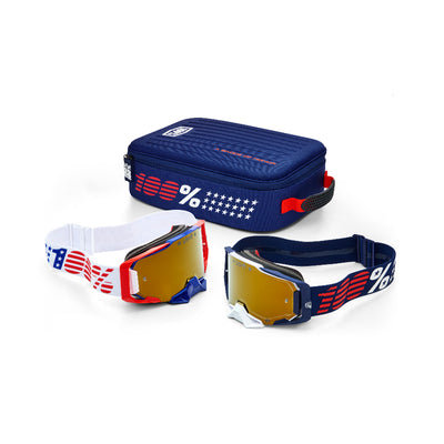 100% Dual Armega Patriot Pro Pack Goggles-White/Navy-True Gold Mirror Lens W/ Case