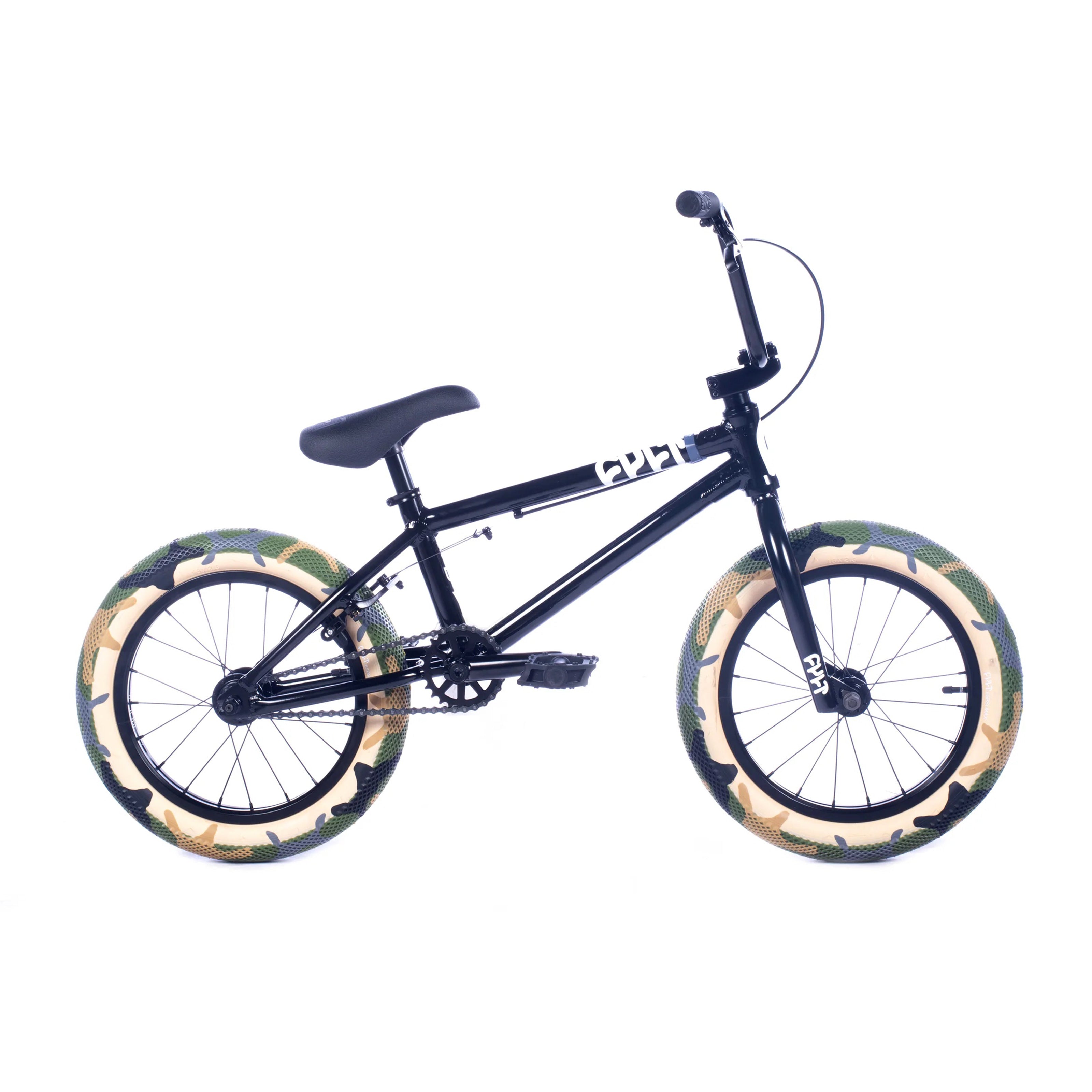 urban freestyle bike Cult Juvenile 16" BMX Freestyle Bike-Black/Green Camo Tires