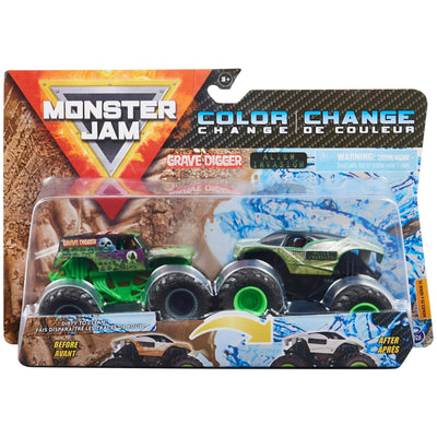 Monster Jam Color-Change Die-Cast 2 Trucks Pack-Grave Digger VS Alien Invasion