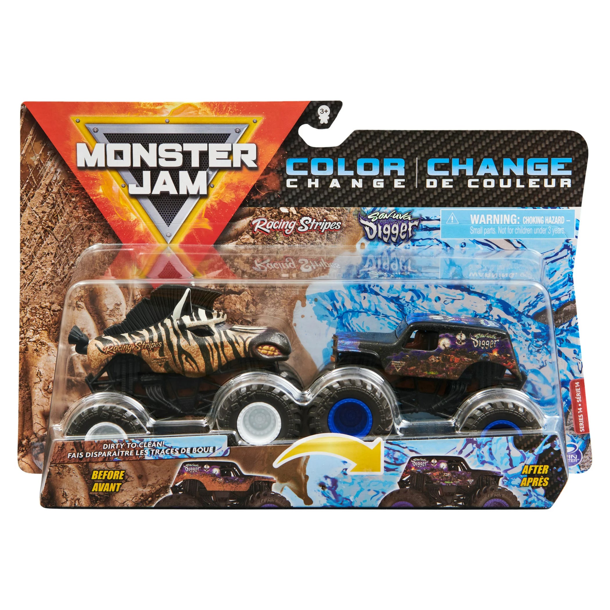 Monster Jam Color-Change Die Cast 2-Trucks Pk-Racing Stripes-Son