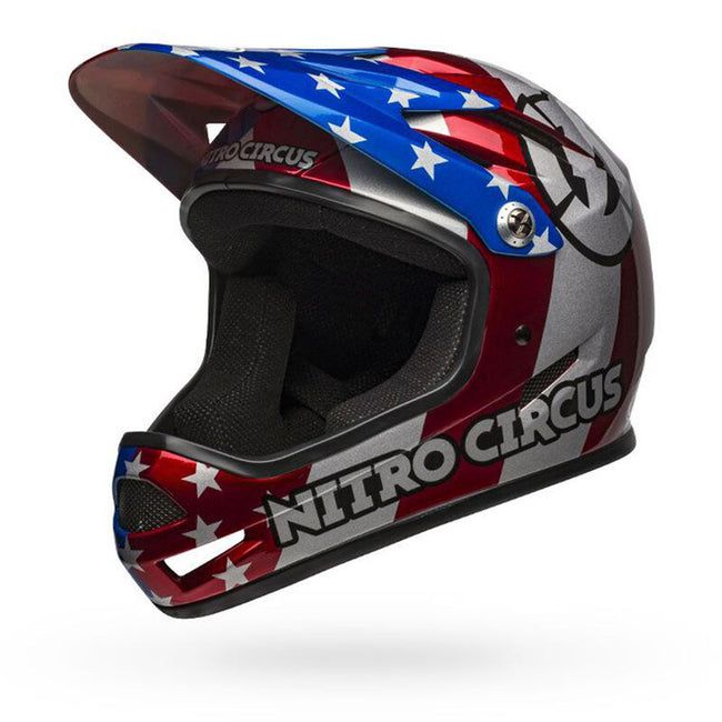 bell red white blue bike helmet Bell Sanction Helmet-Nitro Circus-Gloss Silver/Blue/Red – J&R Bicycles, Inc